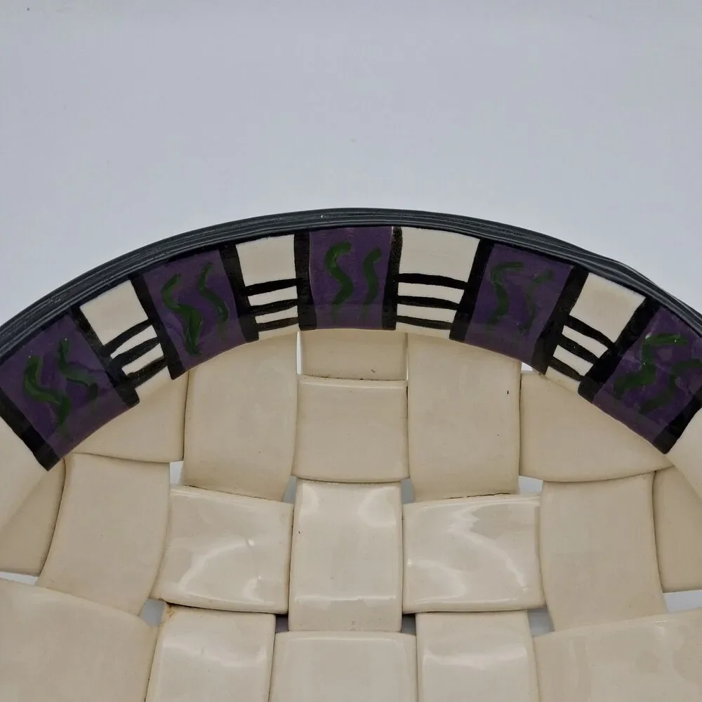 Rina Peleg Signed Pottery Basket Bowl-Hand Decorated Riveted Design 11 3/8